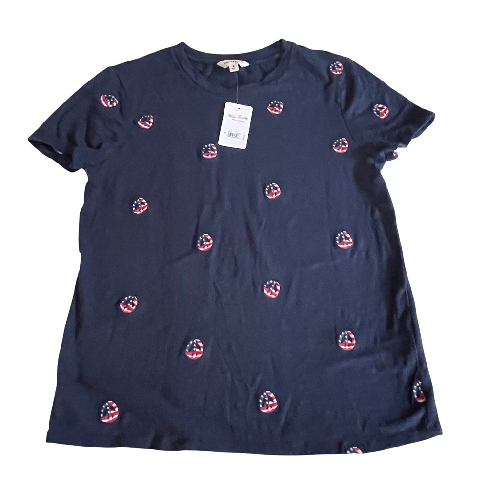 Lucky Brand Womens Navy Blue Patriotic Embroidered Peace Sign T-Shirt Medium NWT